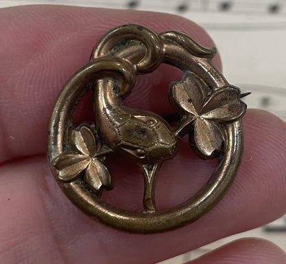 Rare Antique French Art Nouveau Gold Plated Brooch Snake Serpent Clovers c1920