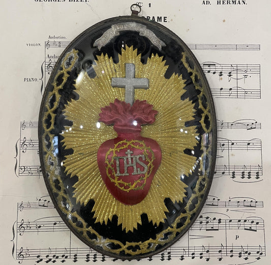 Large Antique French Reliquary / Ex Voto Sacred Heart under Domed Glass c1880