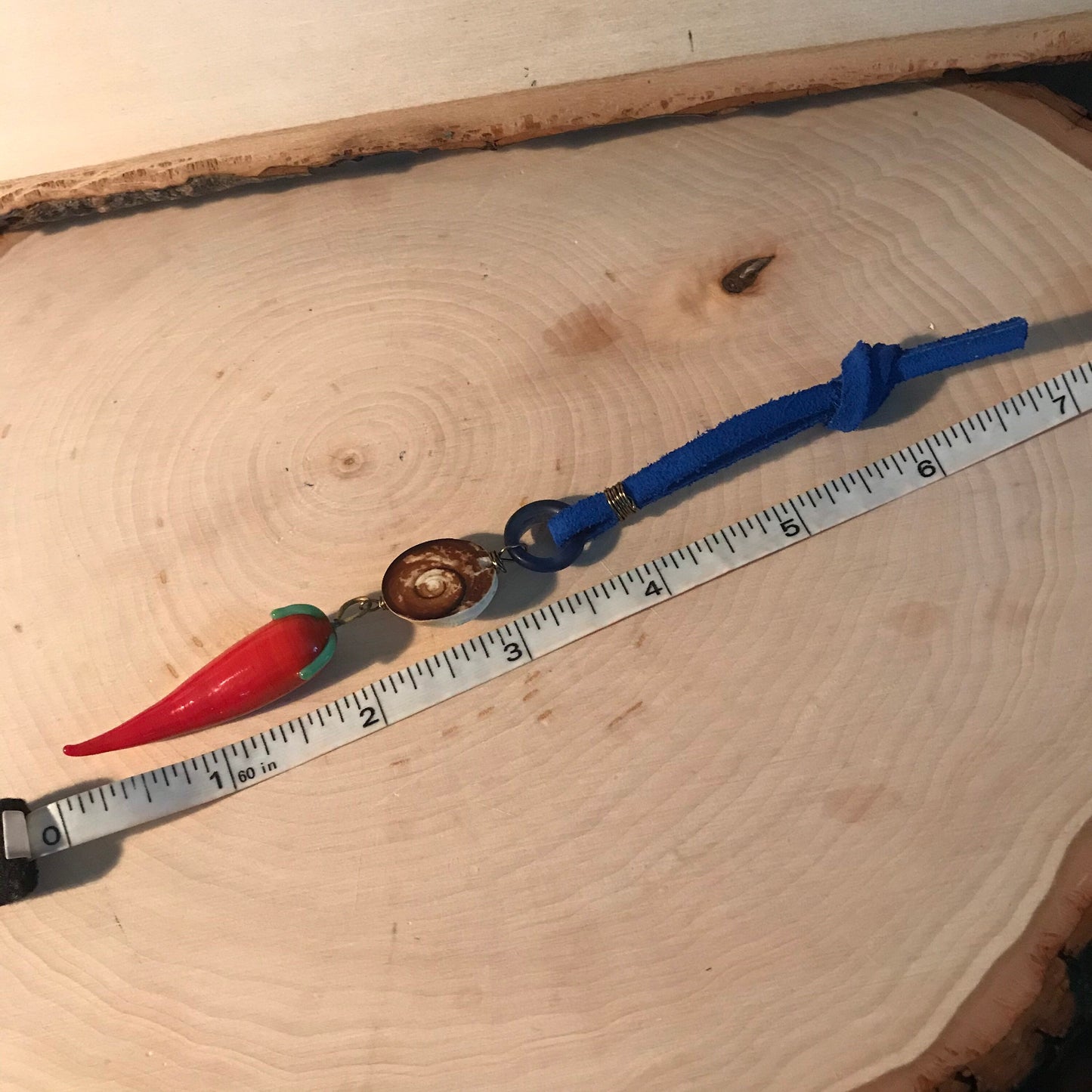 Murano glass chili pepper protection amulet with eye of Lucia shell and antique blue Dogon glass loop