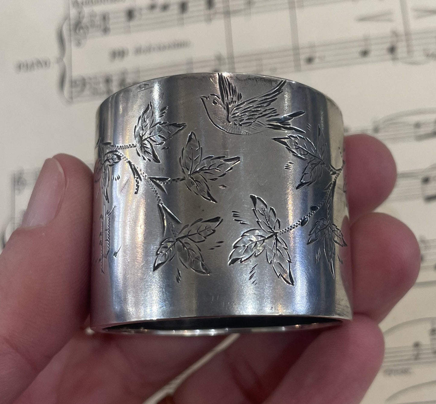 Antique French Art Nouveau Sterling Silver Napkin Ring Holder Birds c1890