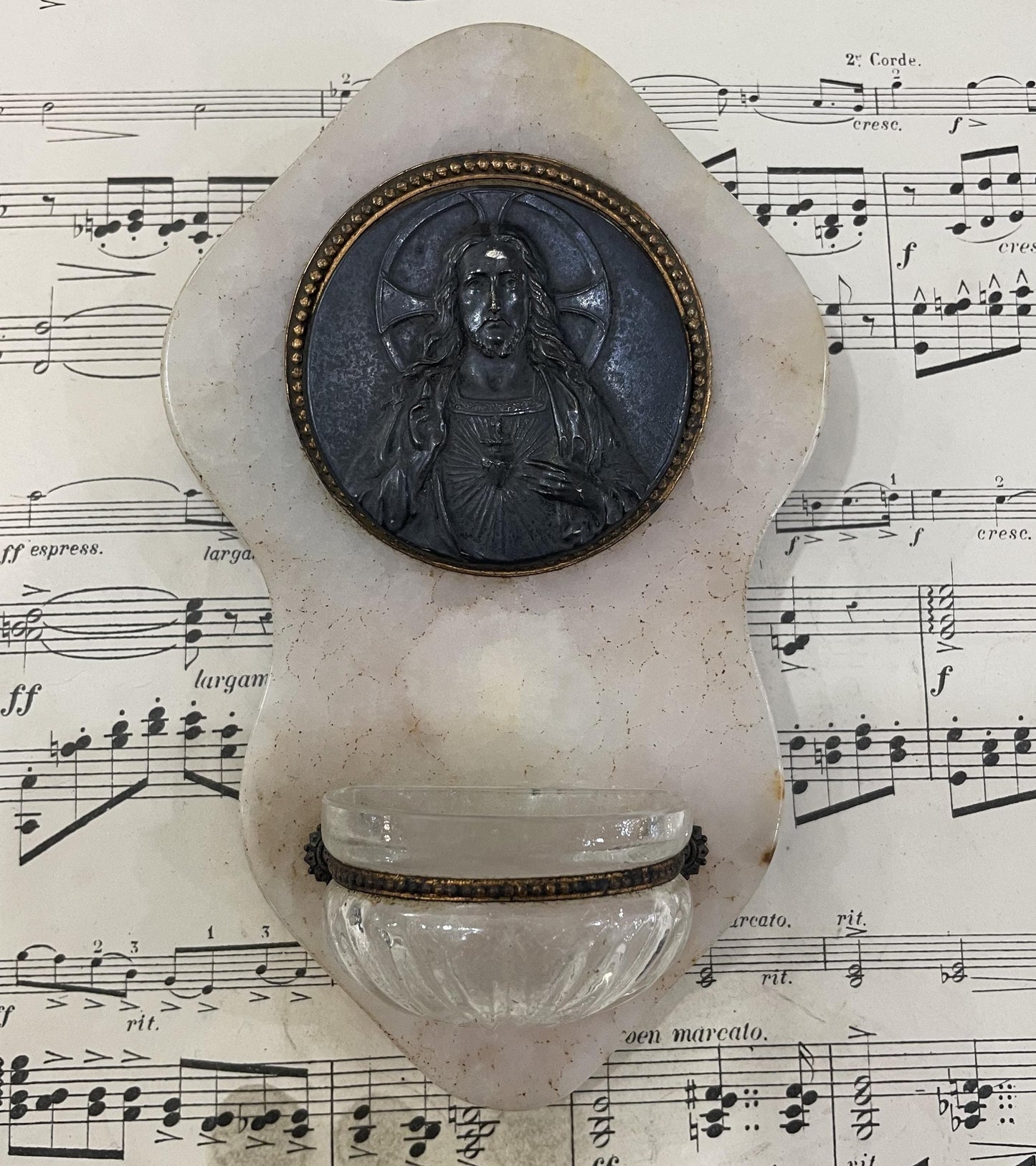 Antique French Onyx Holy Water Font Jesus Sacred Heart Signed Ruffony c1910