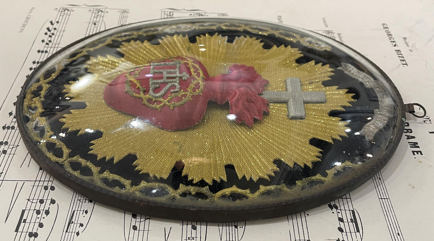 Large Antique French Reliquary / Ex Voto Sacred Heart under Domed Glass c1880