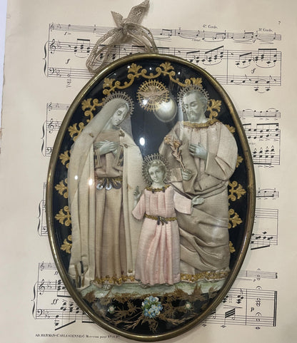 Rare Large Antique French Reliquary / Ex Voto Holy Family Silk Embroidery Domed Glass c1880