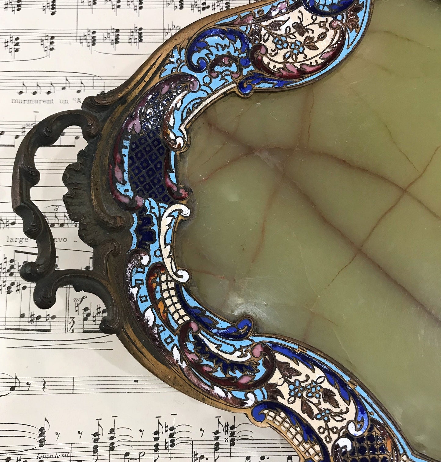 Rare Large Antique French Bronze Champleve Enamel Green Onyx Tray Platter Centerpiece c1880
