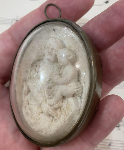 Rare Antique French Carved Plaster Joseph Jesus Domed Glass Icon c1900