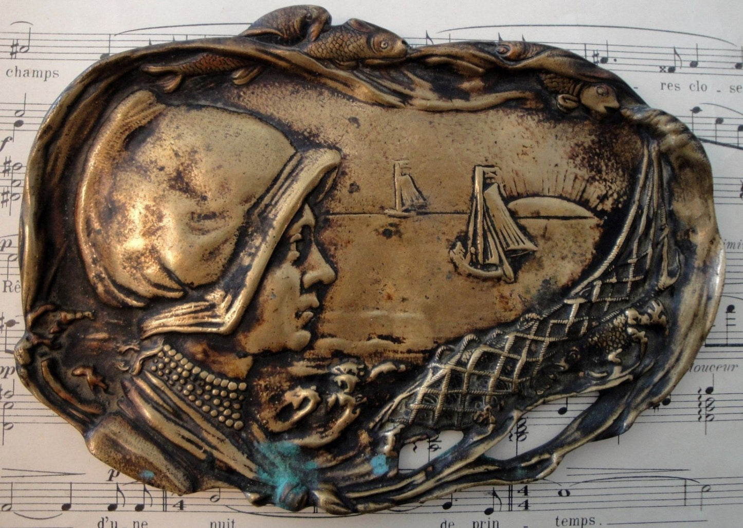 Antique French Art Nouveau bronze tray (maritime scene, fish, boat) c1920