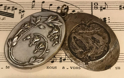 Antique French Art Nouveau Sliding Mirror Pendant Apparition of Lourdes c1900