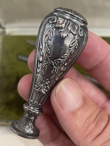 Antique French Silver Plated Desk Set Letter Opener Quill Pen Wax Seal Art Nouveau Original Box c1900