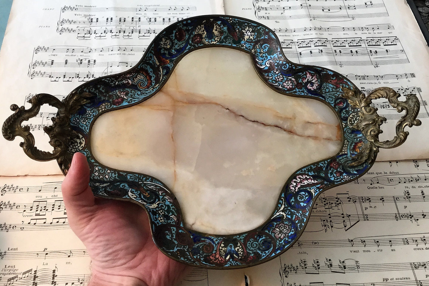 Rare Large Antique French Bronze Champleve Enamel Onyx Tray Platter Centerpiece c1880