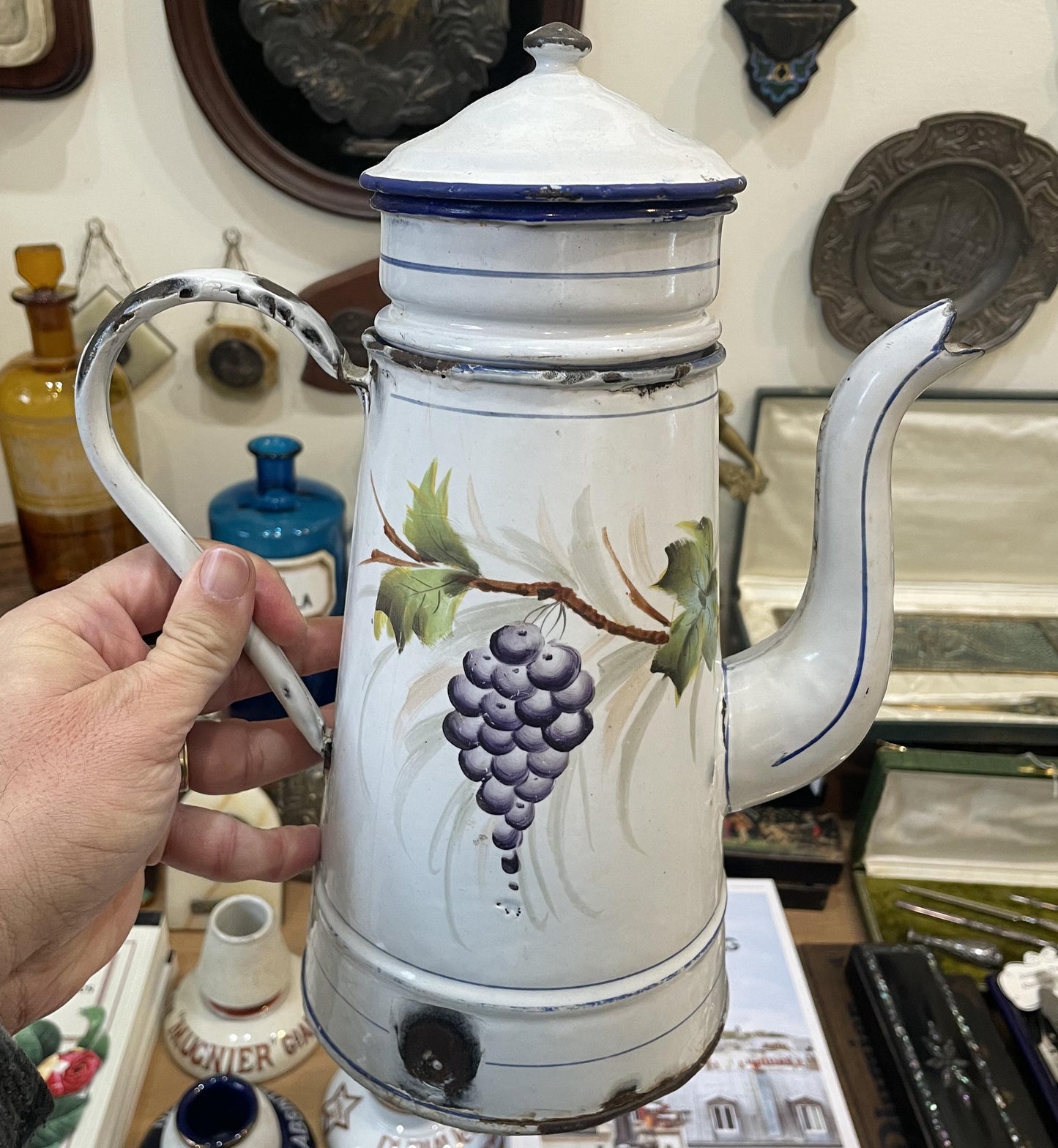 Rare Antique French Enamelware Coffee Pot Grapes Vine c1920