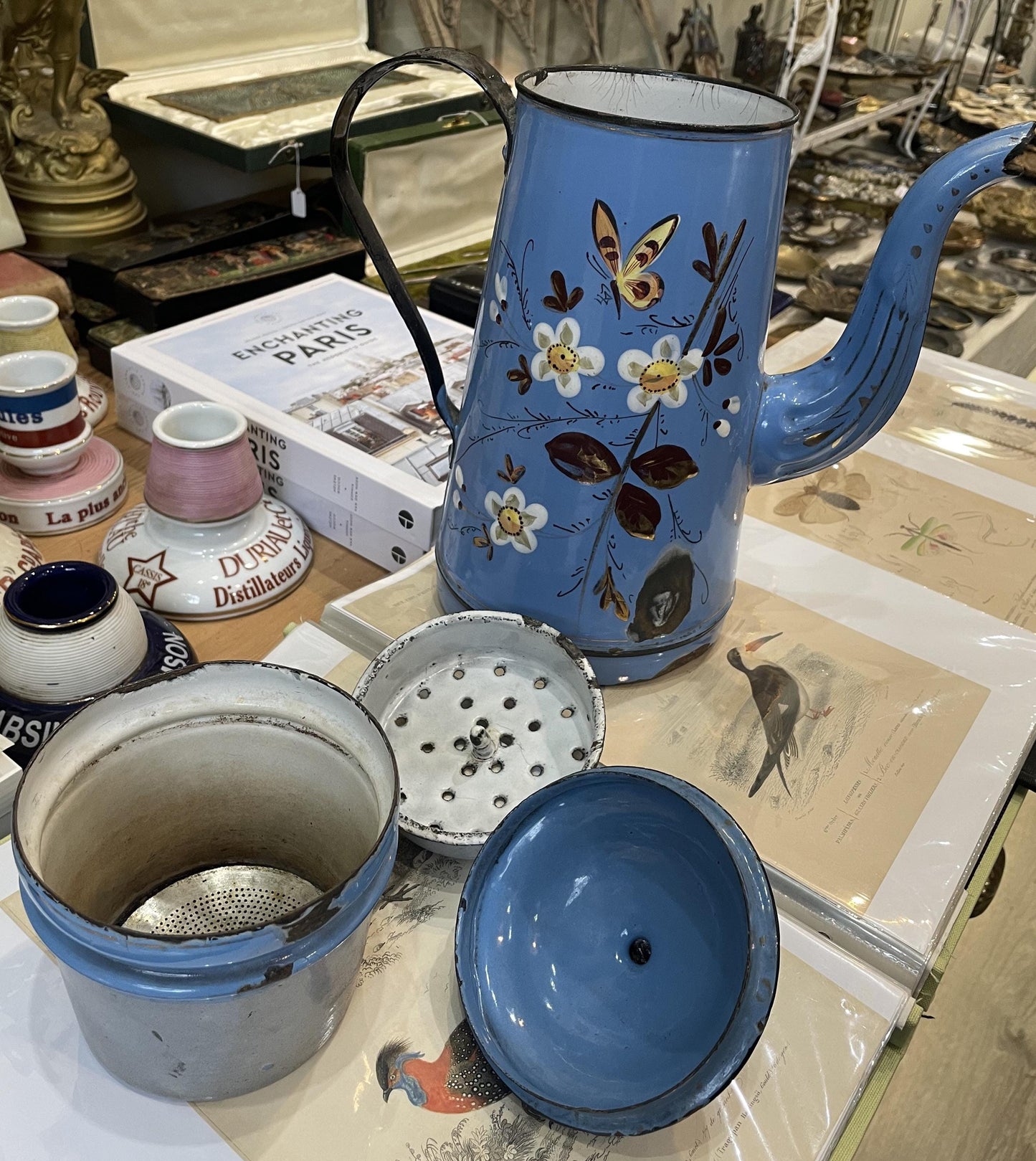 Rare Antique French Enamelware Coffee Pot Butterfly Flowers c1920