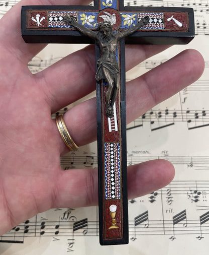 Rare Antique Italian Micro Mosaic Micromosaic Cross Crucifix Bird Set in Wood c1900
