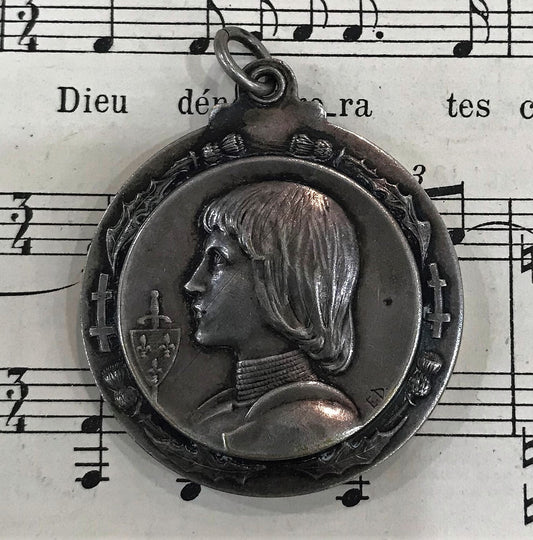 Antique French Art Nouveau Joan of Arc Thistle Sliding Mirror Pendant c1900