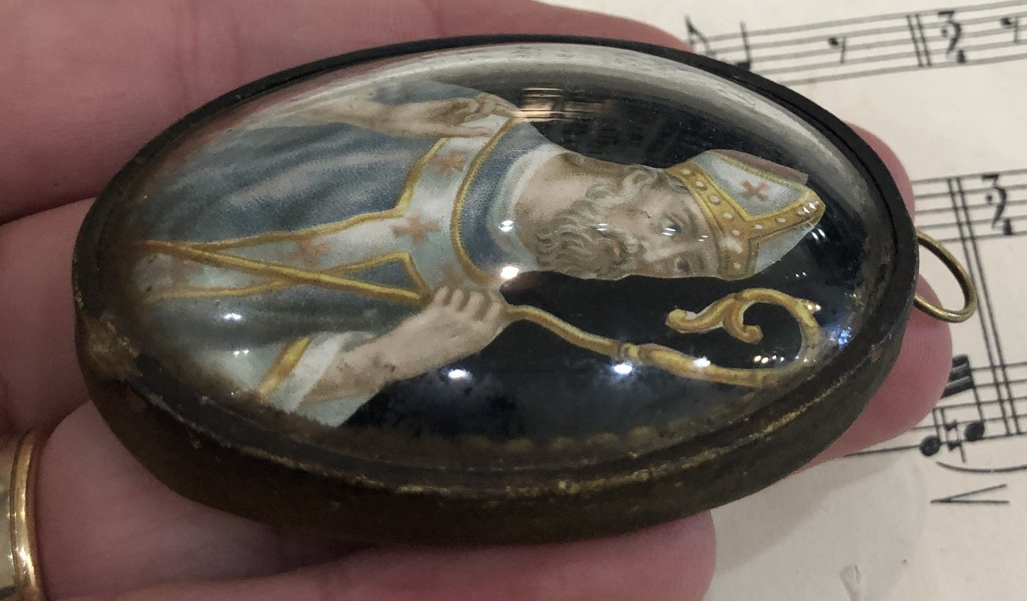 Rare Antique French Reliquary Ex Voto Saint Eloi / Eligius under Glass c1880