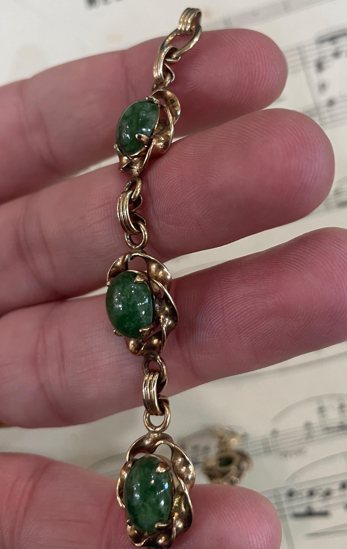 Vintage Art Nouveau 12k Gold-filled Jade Bracelet c1940