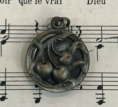 Antique French Art Nouveau Sliding Pendant Photo Holder Cherries c1920