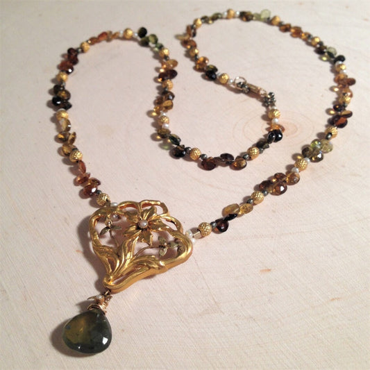 18k Art Nouveau Flower and Tourmaline Necklace and Earrings Set by Andrea SAVAR