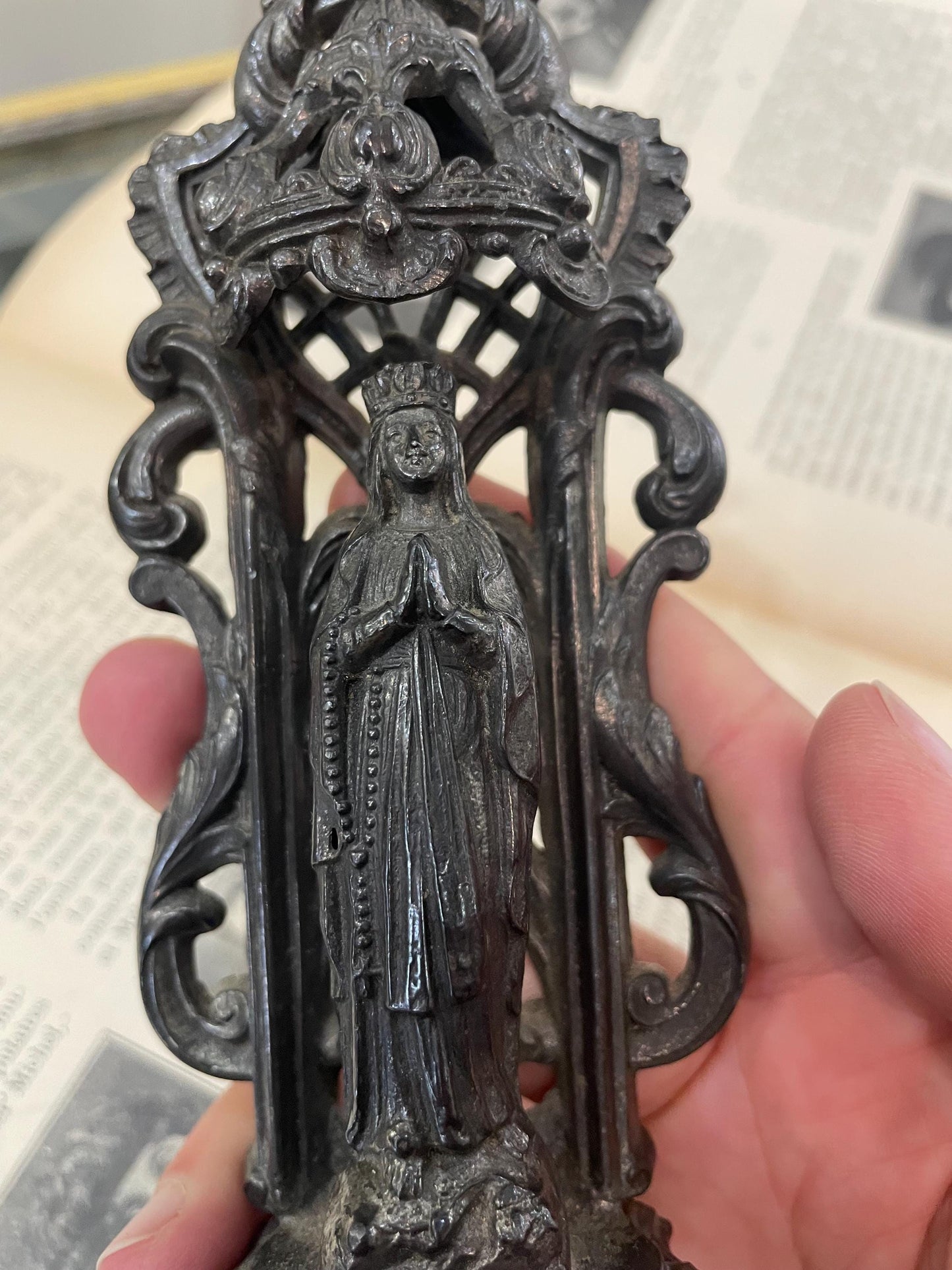 Antique French Virgin Mary Madonna Spelter Statue c1900