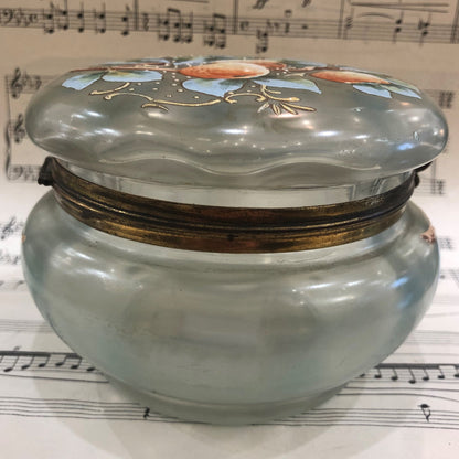 Rare Large Antique French Gilt Brass Glass Hand Painted Enameled Box Fruits Peach c1900