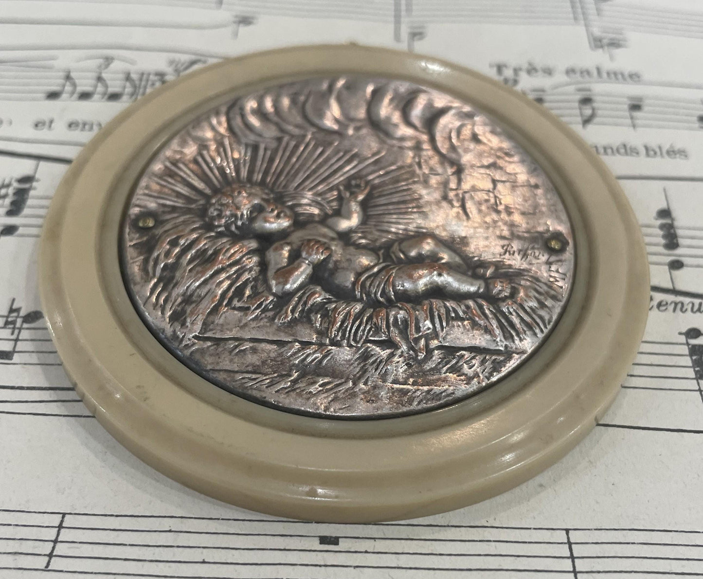 Rare Antique French Crib Cradle Protector Baby Celluloid Baptism Signed Ruffony c1920