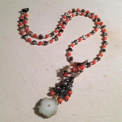Victorian wishbone coral necklace with solar quartz and pearls