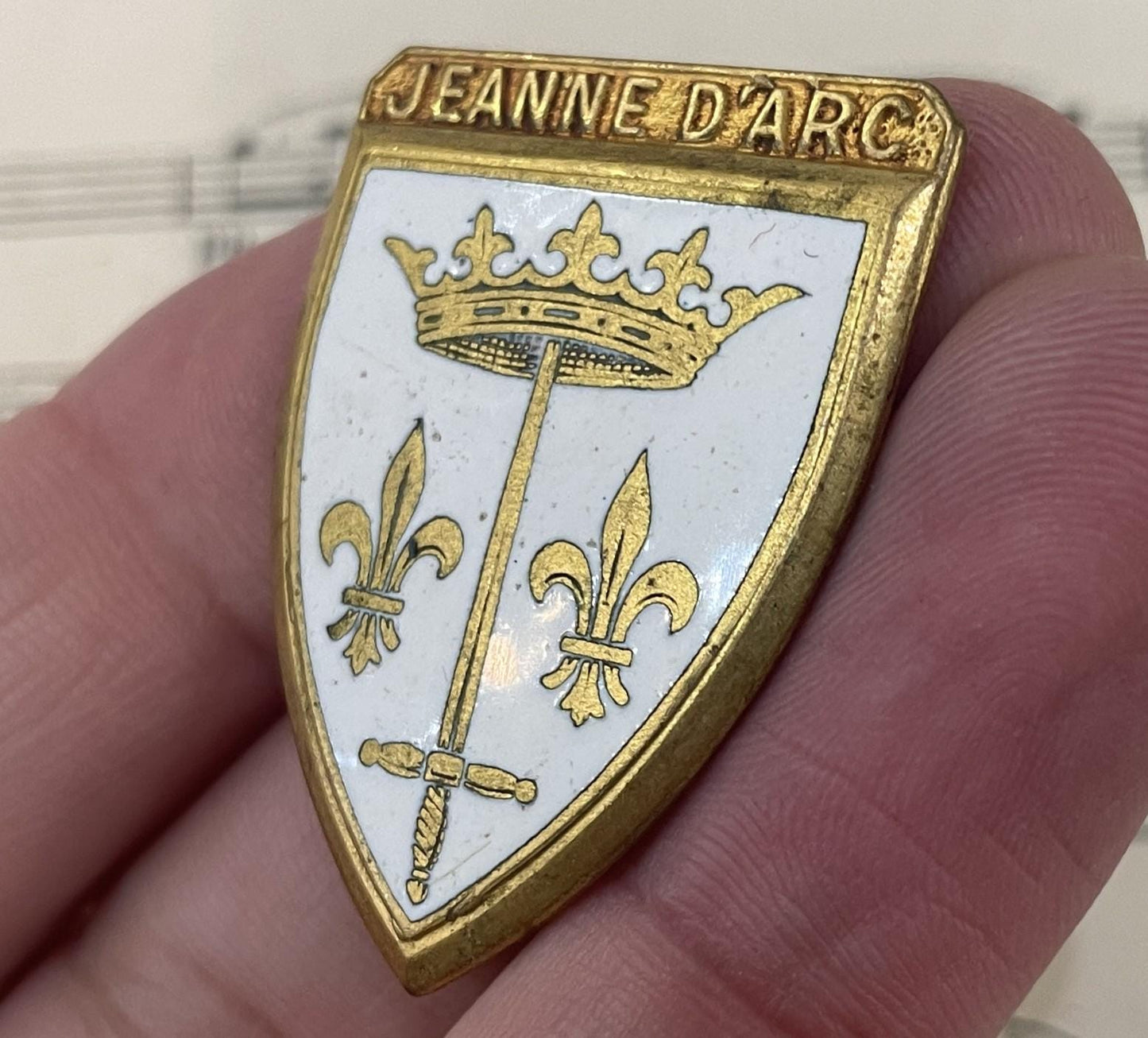 Large Antique French Enameled Joan of Arc Pin / Brooch c1920