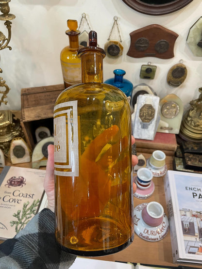 Rare Large Antique French Apothecary Bottle Amber Glass Alcool Camphre c1880