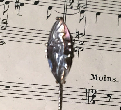 Antique French Art Nouveau Mother of Pearl Cameo Woman Bird Angel Hat Stick Pin c1920