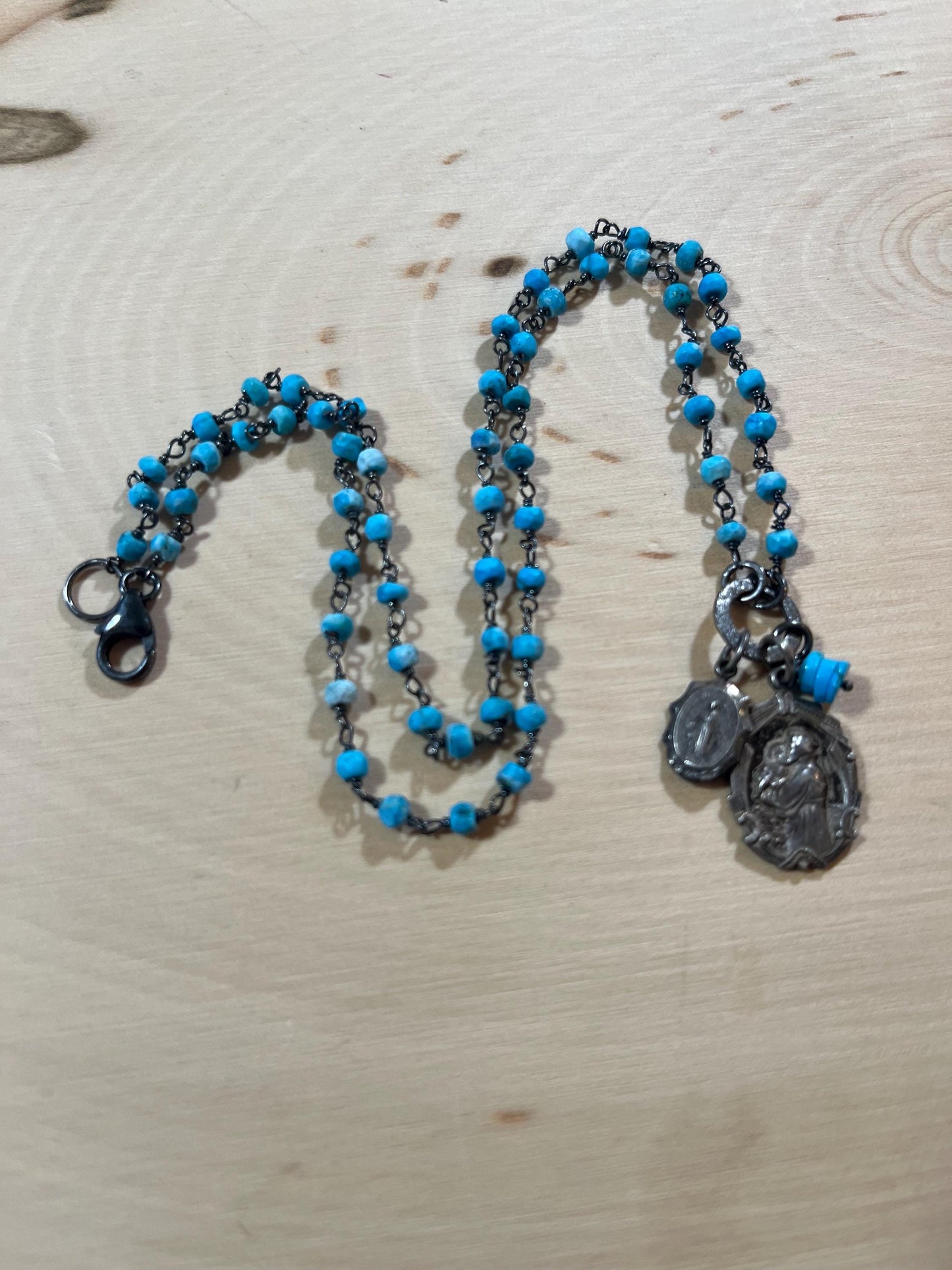 Vintage St Anthony medal and Miraculous Mary necklace with turquoise and sterling silver
