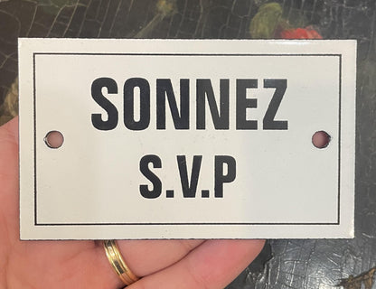 Small Vintage French Enamel Sign Plaque Please Ring the Bell (Sonnez S.V.P.)