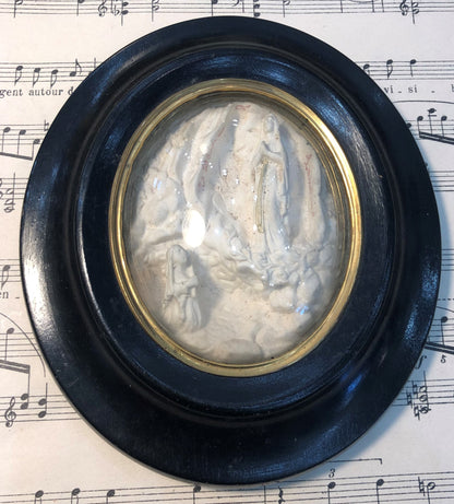 Antique French Carved Plaster Apparition of Lourdes Domed Glass c1900