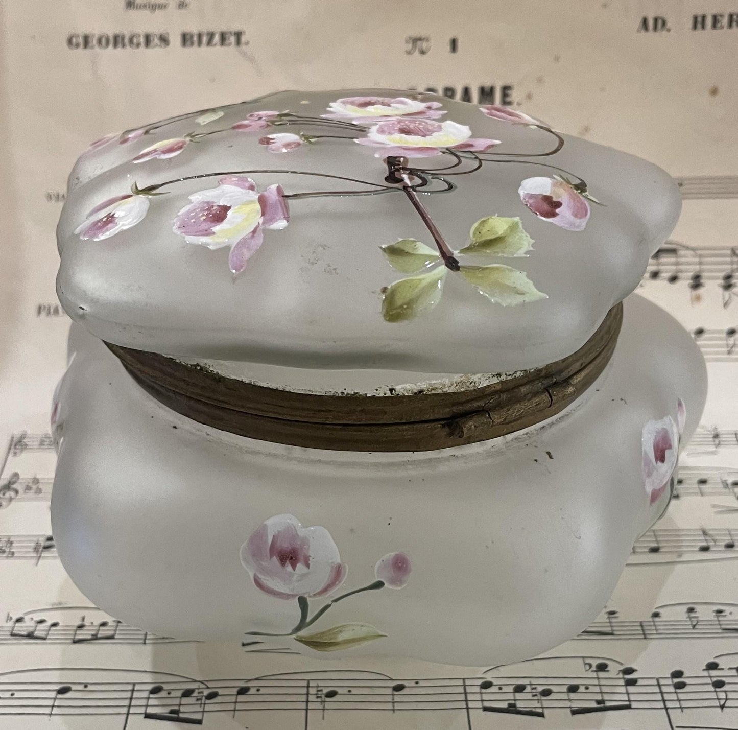 Large Antique French Gilt Brass Glass Hand Painted Enameled Box Flower c1900