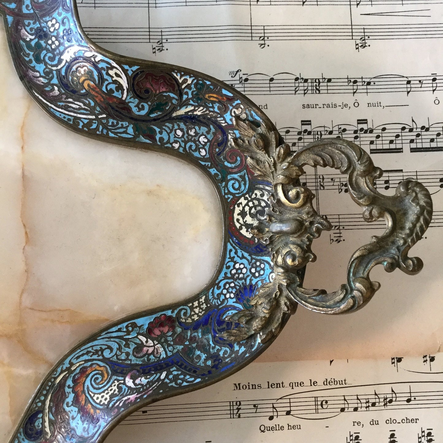 Rare Large Antique French Bronze Champleve Enamel Onyx Tray Platter Centerpiece c1880