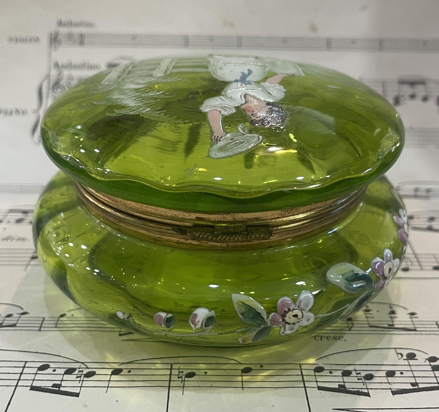 Rare Antique French Gilt Brass Green Glass Hand Painted Enameled Box Mary Gregory c1900