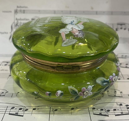 Rare Antique French Gilt Brass Green Glass Hand Painted Enameled Box Mary Gregory c1900