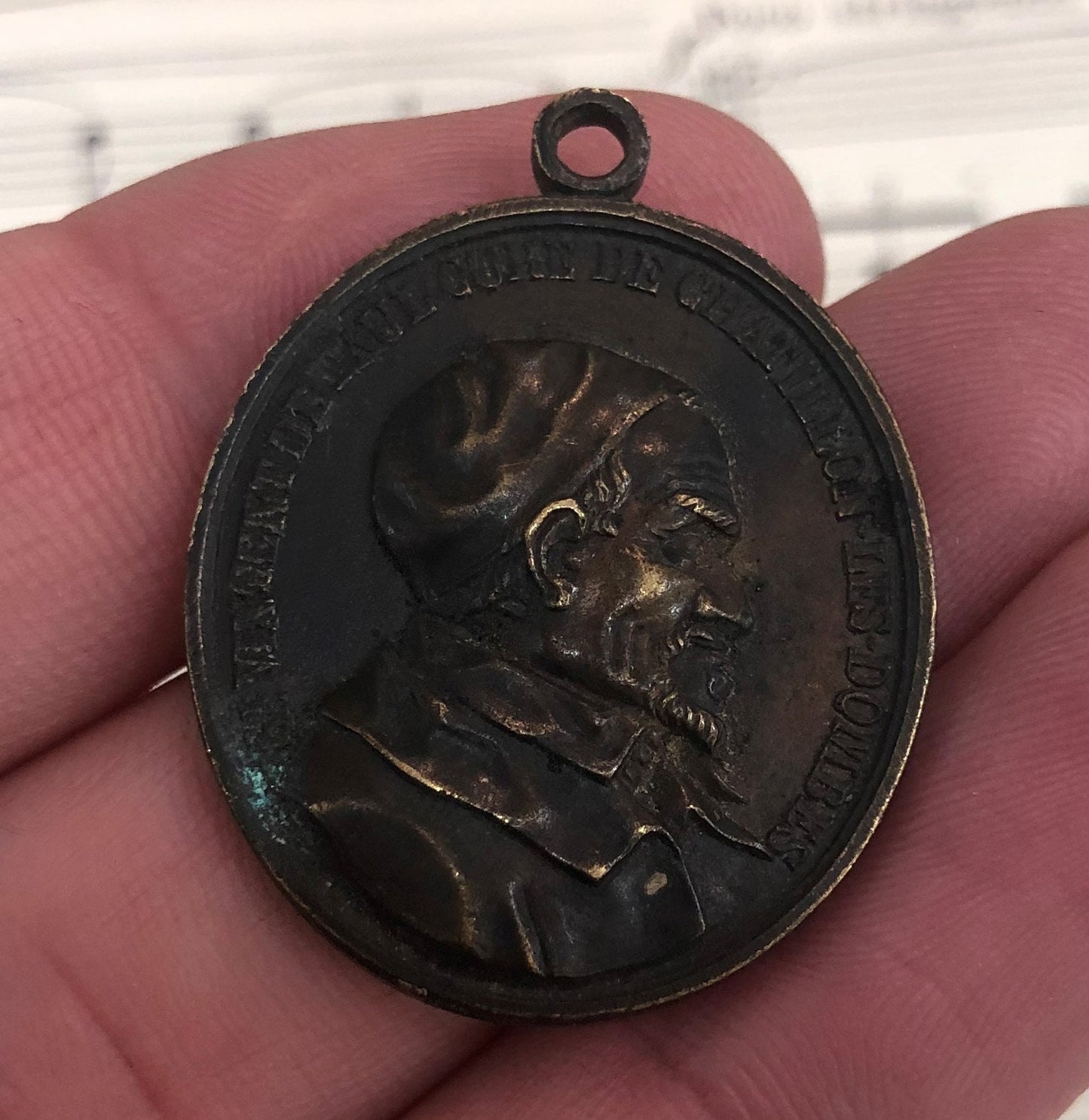 Large Antique French Bronze Medal Pendant Vincent de Paul Miraculous Madonna c1900