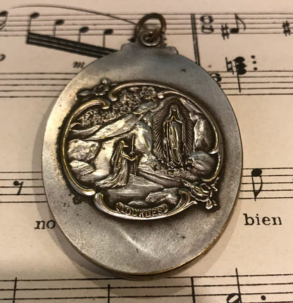 Antique French Art Nouveau Sliding Mirror Pendant Apparition of Lourdes c1900