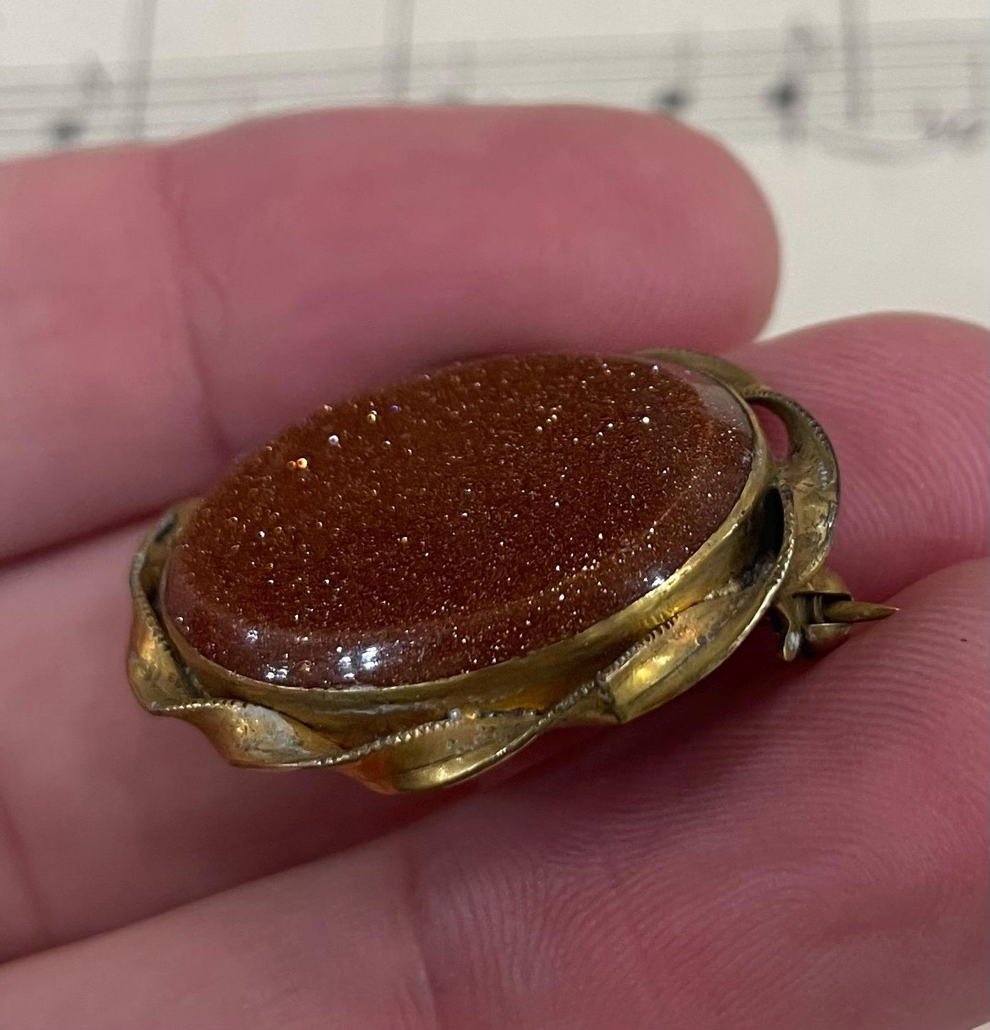 Antique French Art Nouveau Goldstone Brooch c1920