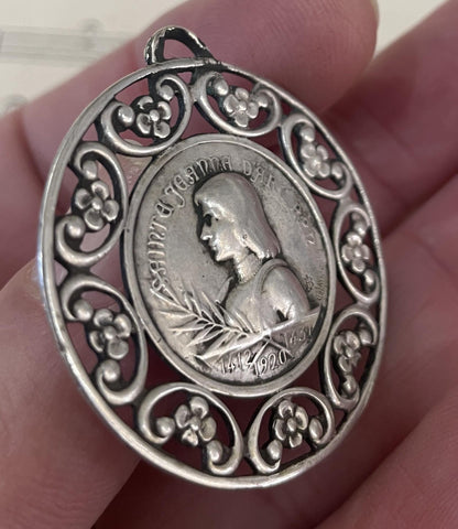 Rare Large Antique French Sterling Silver Joan of Arc Medal Signed Lavrillier c1920
