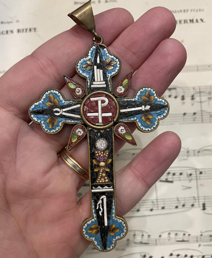 Antique Italian Micro Mosaic Micromosaic Cross Crucifix Chalice c1900