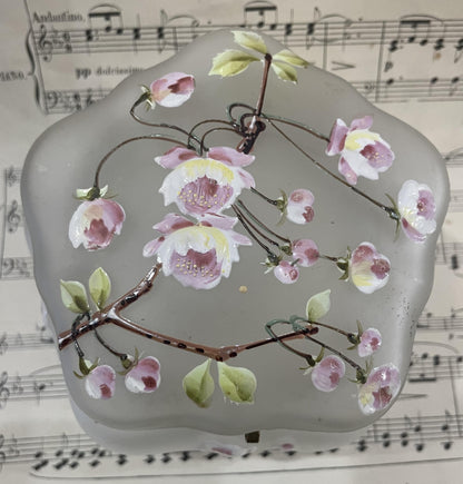Large Antique French Gilt Brass Glass Hand Painted Enameled Box Flower c1900