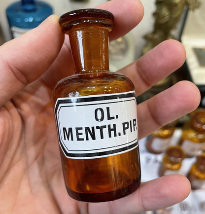 Small Antique French Apothecary Bottle Amber Glass Ol. Menth. Pip. c1880