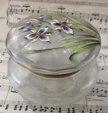 Large Antique French Gilt Brass Glass Hand Painted Enameled Box Flowers c1900