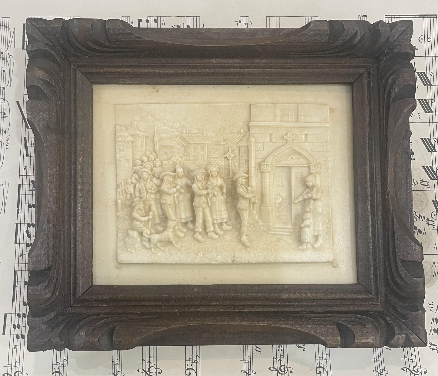 Antique French Petrifying Well Peasant Scene Plaque Framed c1920
