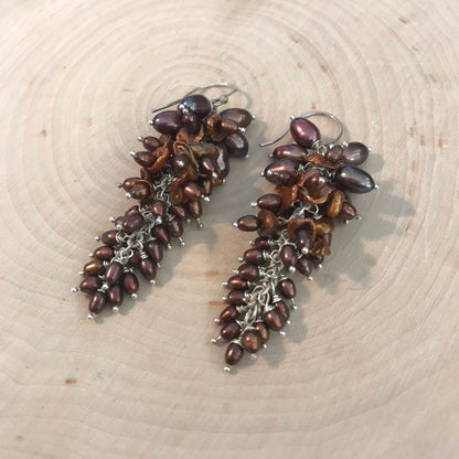Cascading Bronze Pearl Earrings with all sterling silver components
