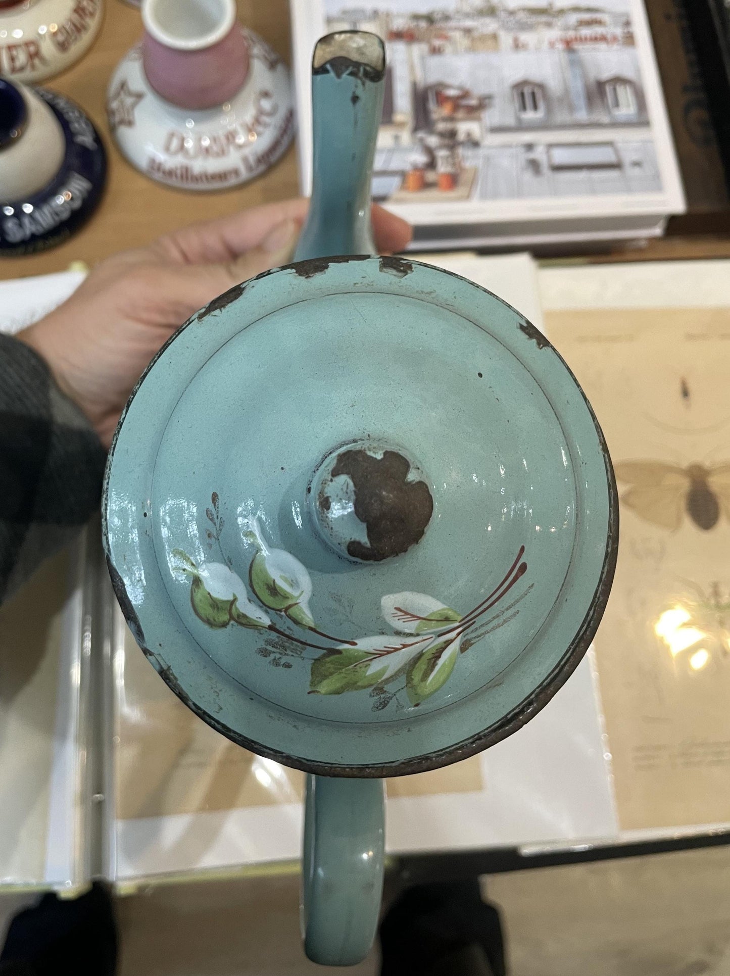 Rare Antique French Enamelware Coffee Pot Palette Flowers c1920