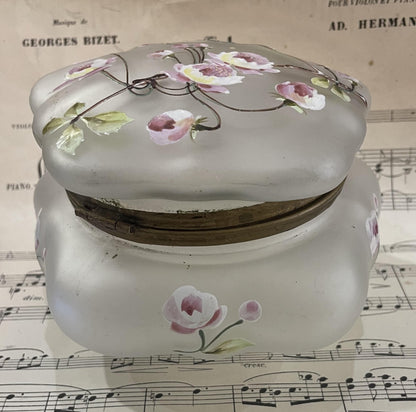 Large Antique French Gilt Brass Glass Hand Painted Enameled Box Flower c1900
