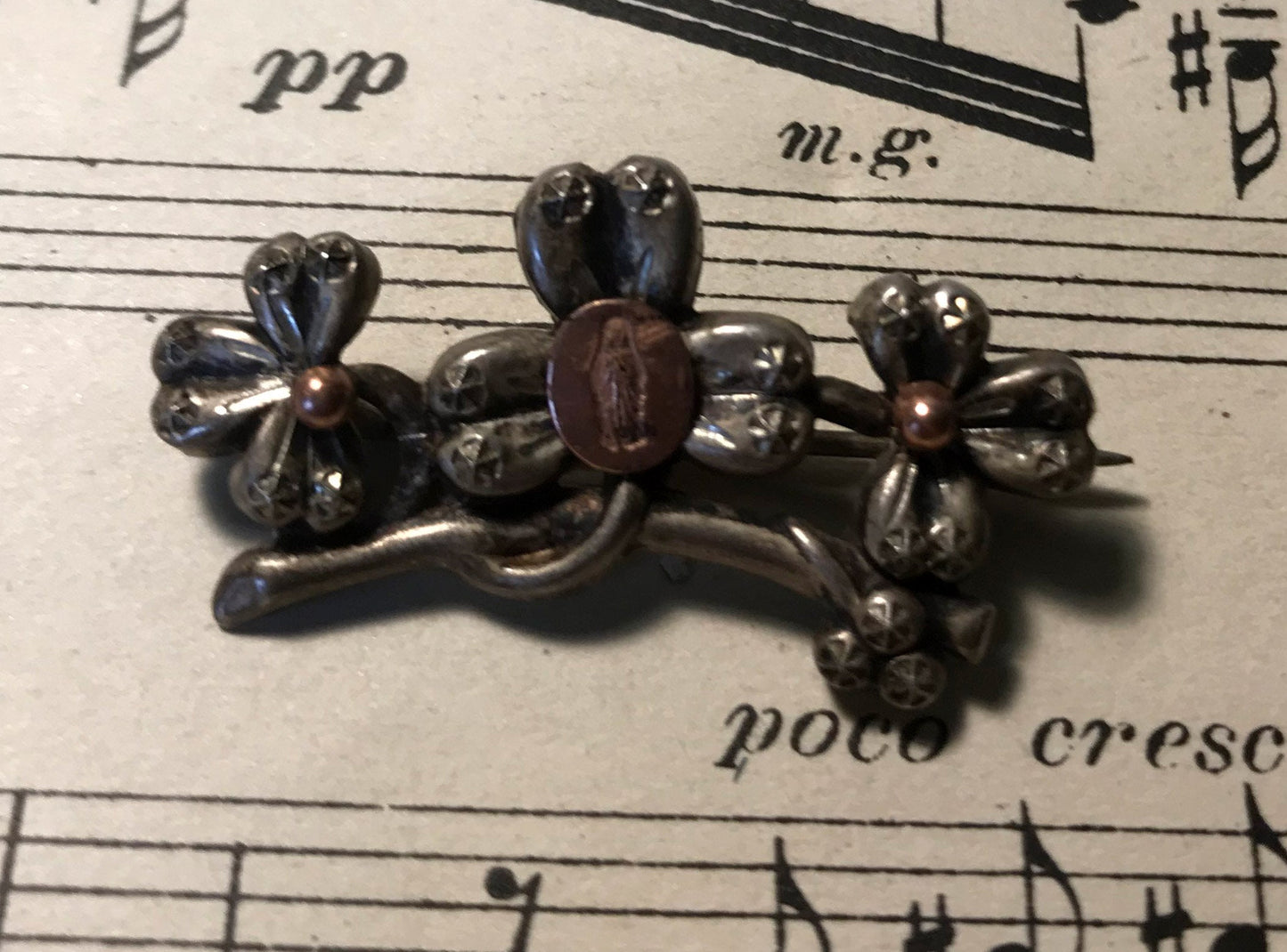 Antique Art Nouveau French Sterling Silver Brooch / Pin Clover Madonna c1910