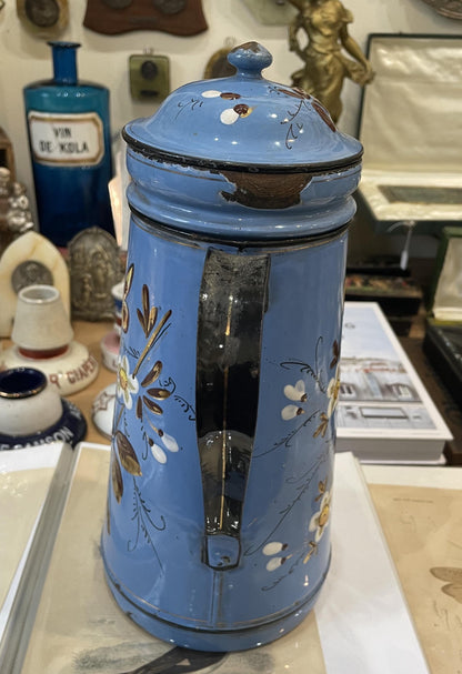 Rare Antique French Enamelware Coffee Pot Butterfly Flowers c1920