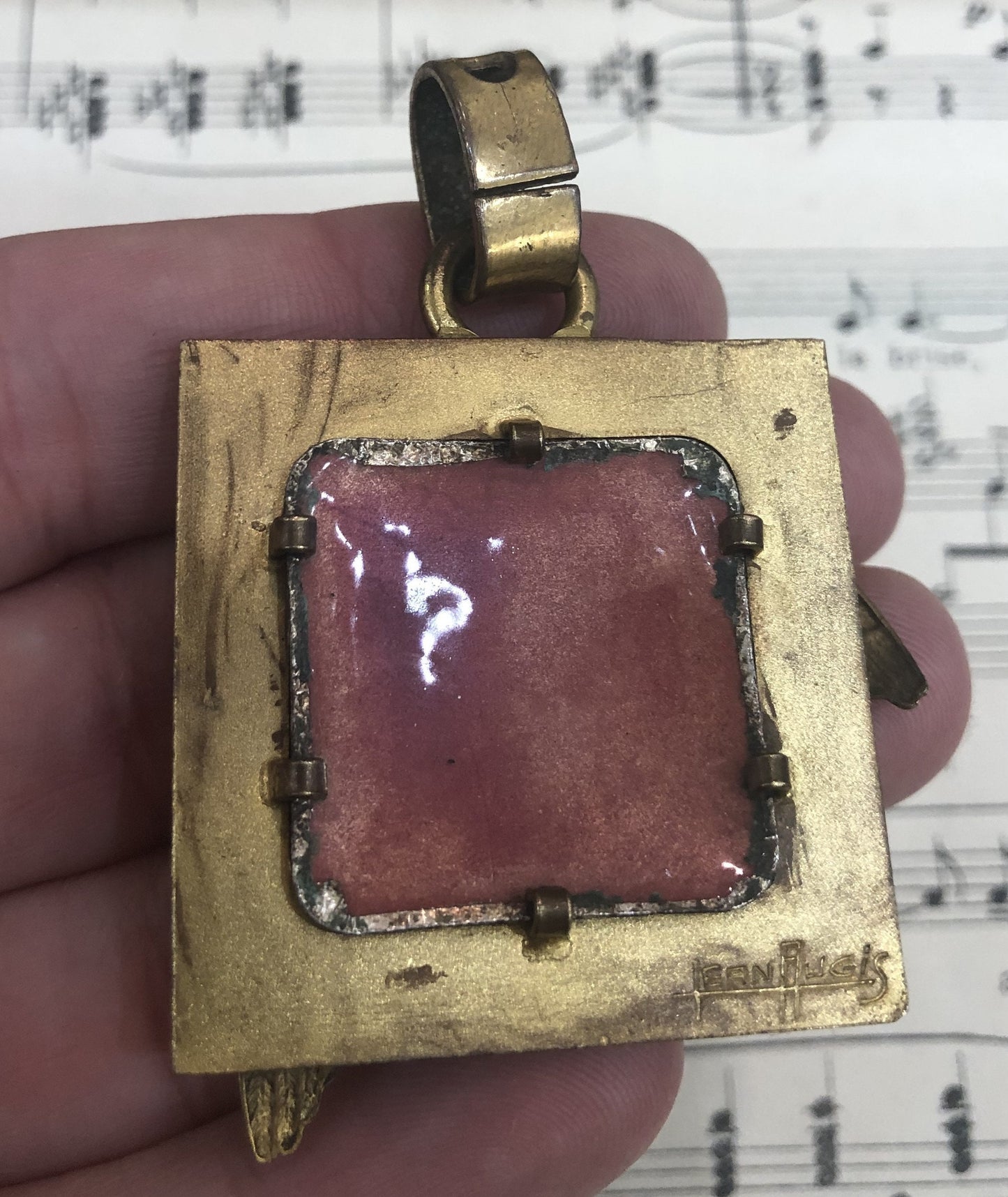 Rare Large Antique French Enamel on Copper Brass Angel Cherub Medal Signed Augis c1940